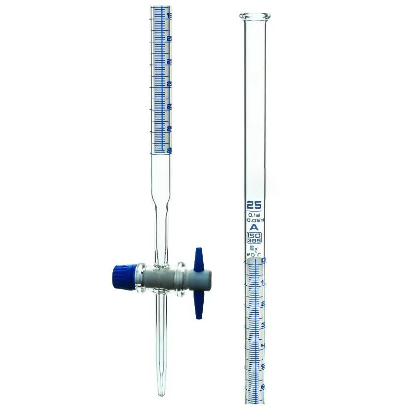 Glass 10ml 25ml 50ml Burette With Blue Line On Milk White Back With Straight Stopcock