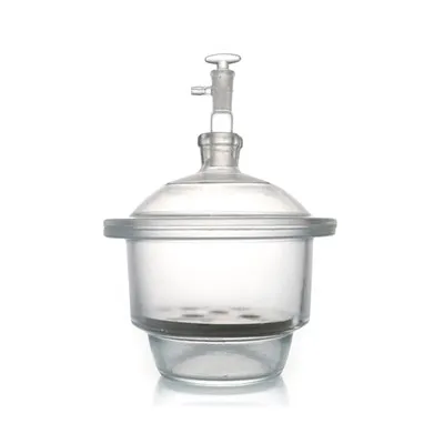 Dessecador a vácuo de vidro transparente com solo em torneira e placa de porcelana