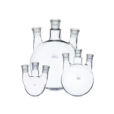 Garrafa de vidro de forma reta com três pescoços e boca à terra padrão para laboratório